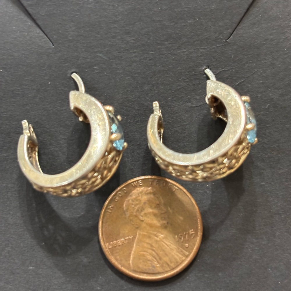 Sterling Silver Blue Topaz  Hoop Earrings. - Picture 6 of 12